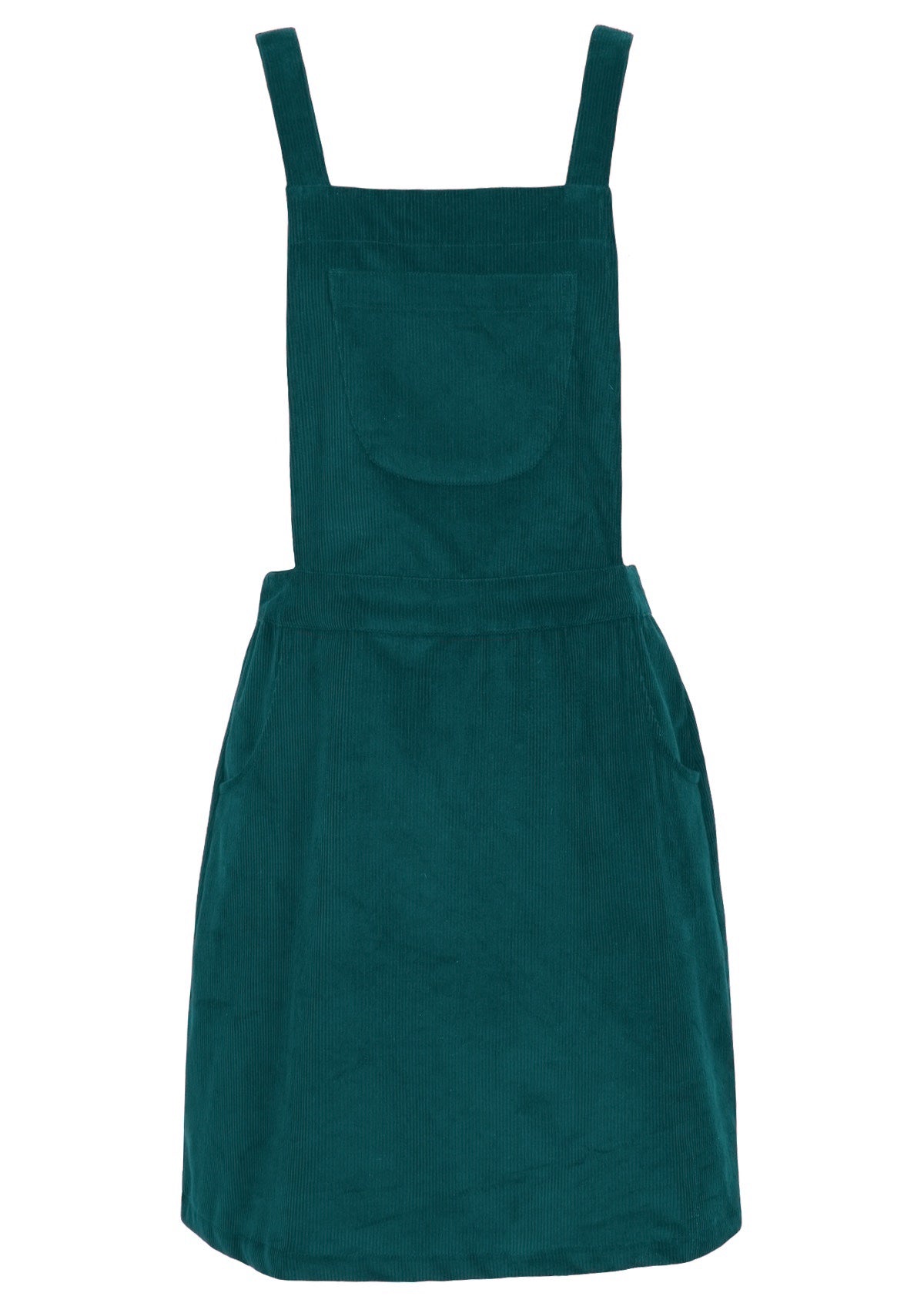 Teal coloured 100% cotton corduroy pinafore has adjustable straps.