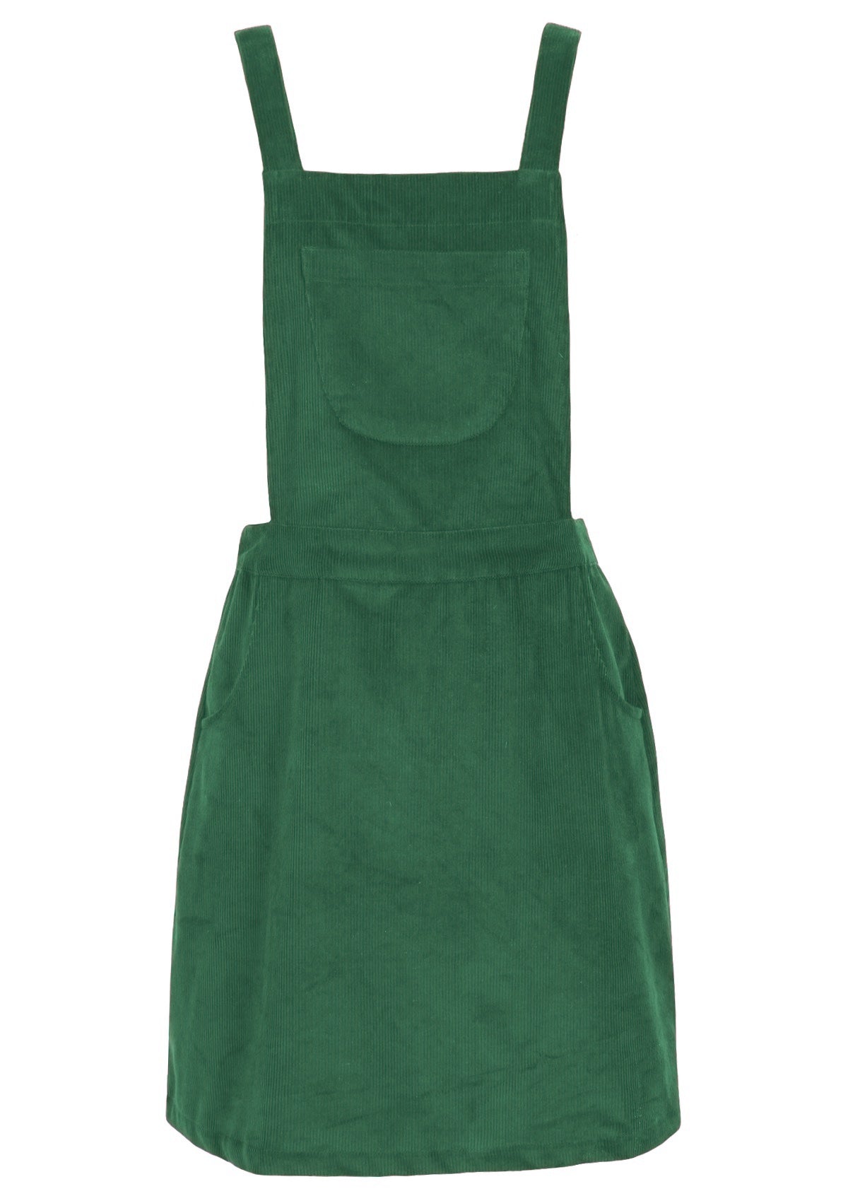 100% cotton corduroy pinafore in green has side pockets and a bib pocket.