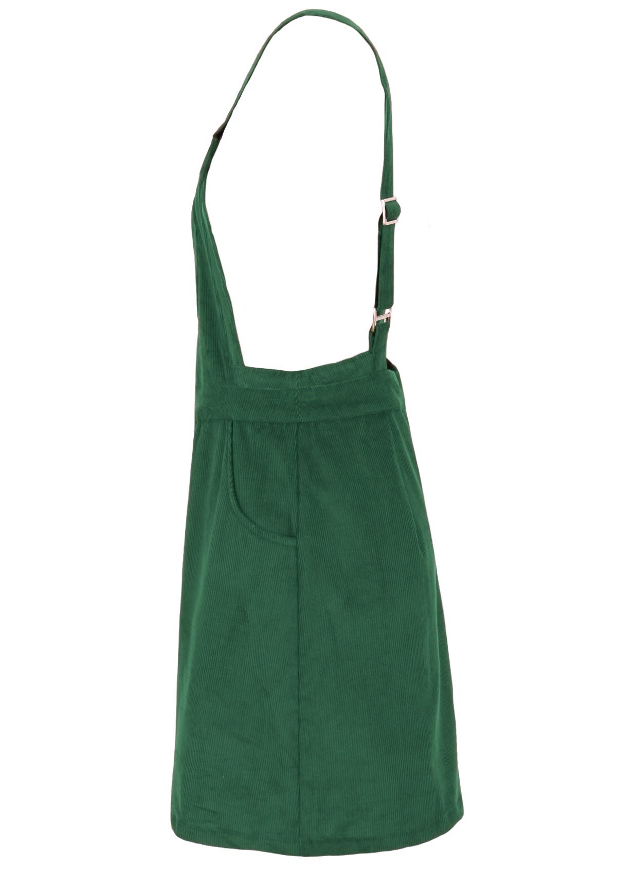 Green corduroy pinafore has adjustable straps.