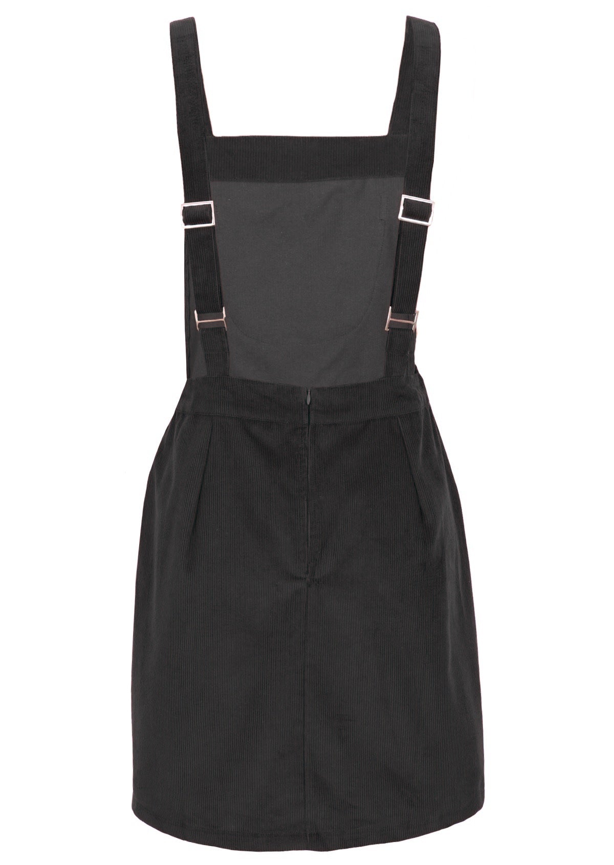 Grey cotton pinafore ends above the knee.