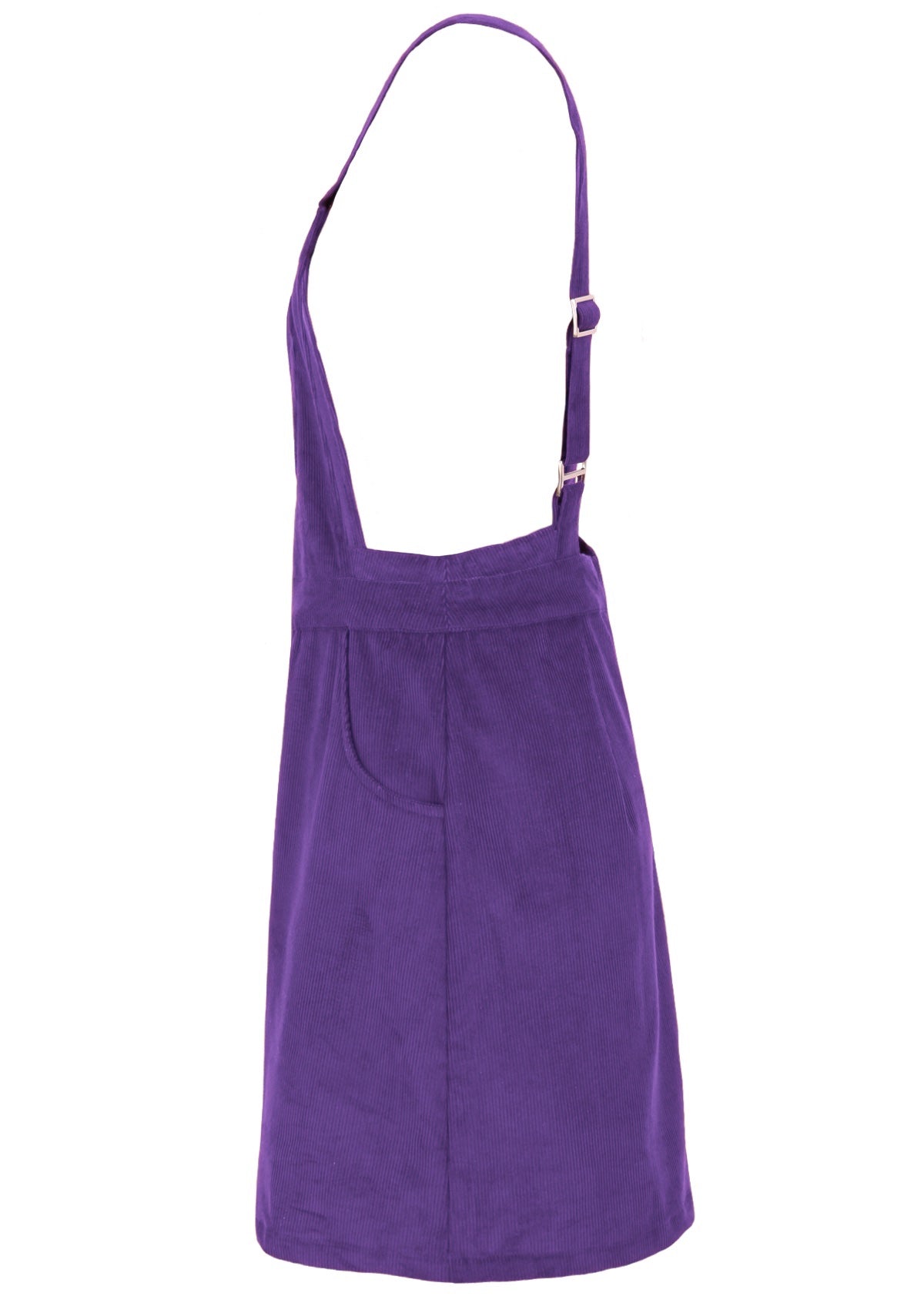 Purple corduroy pinafore has three pockets