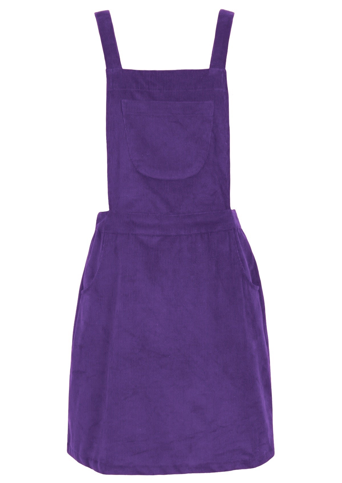 100% cotton corduroy pinafore in purple is above knee length.