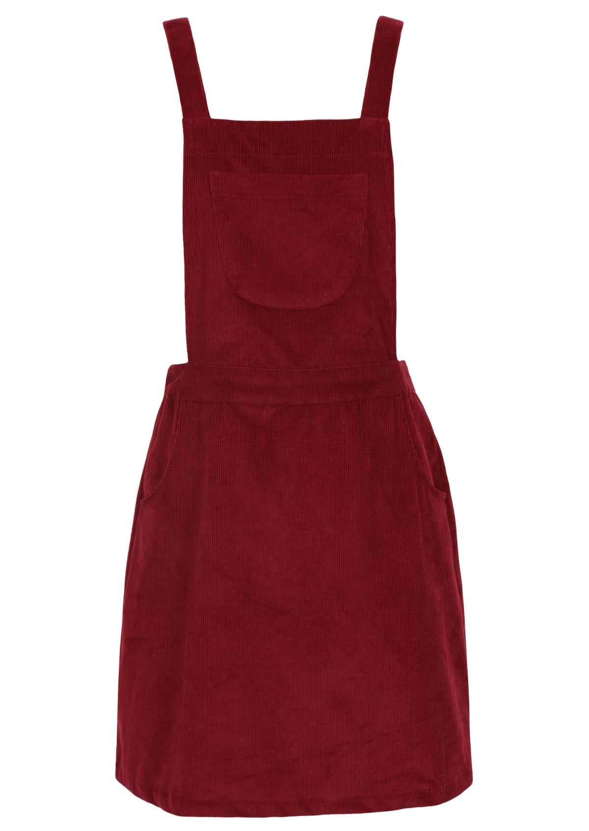 Rich red corduroy pinafore has side pockets and an additional pocket on the bib.