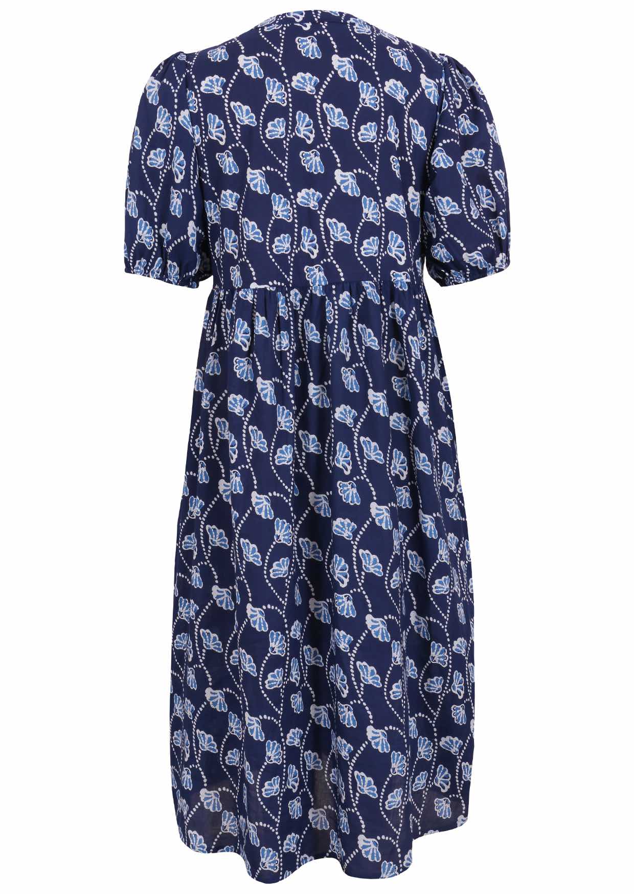 100% Cotton floral shin length dress in navy blue with empire waistline, pockets and mandarin collar