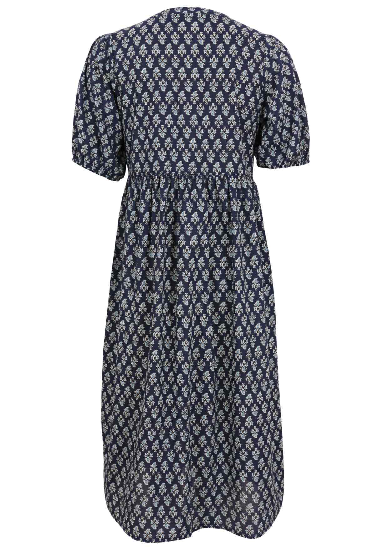100% Cotton floral shin length dress in navy blue with empire waistline, pockets and mandarin collar