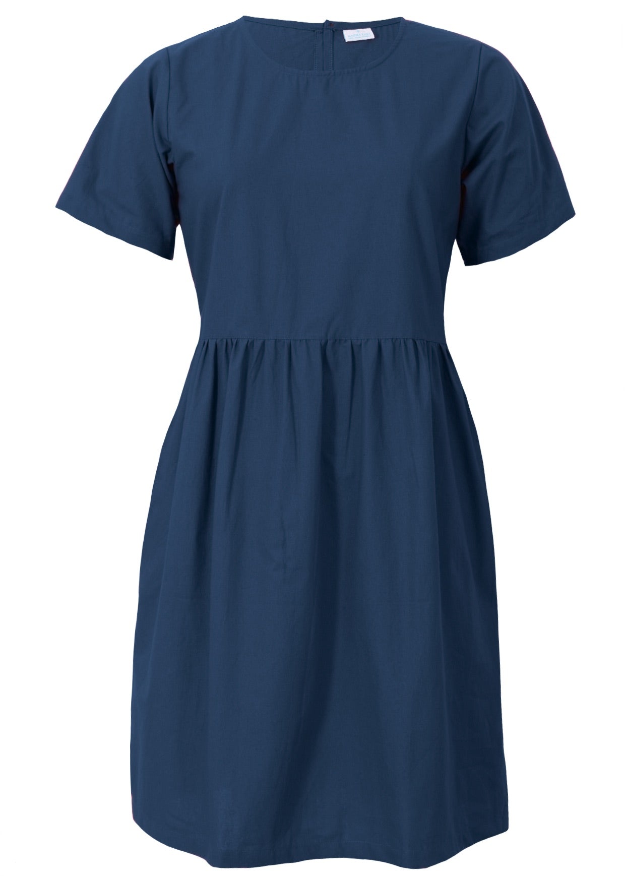 100% cotton loose fit above knee length dress in deep sea blue with short sleeves, high round neckline and small pink tucks at the waist