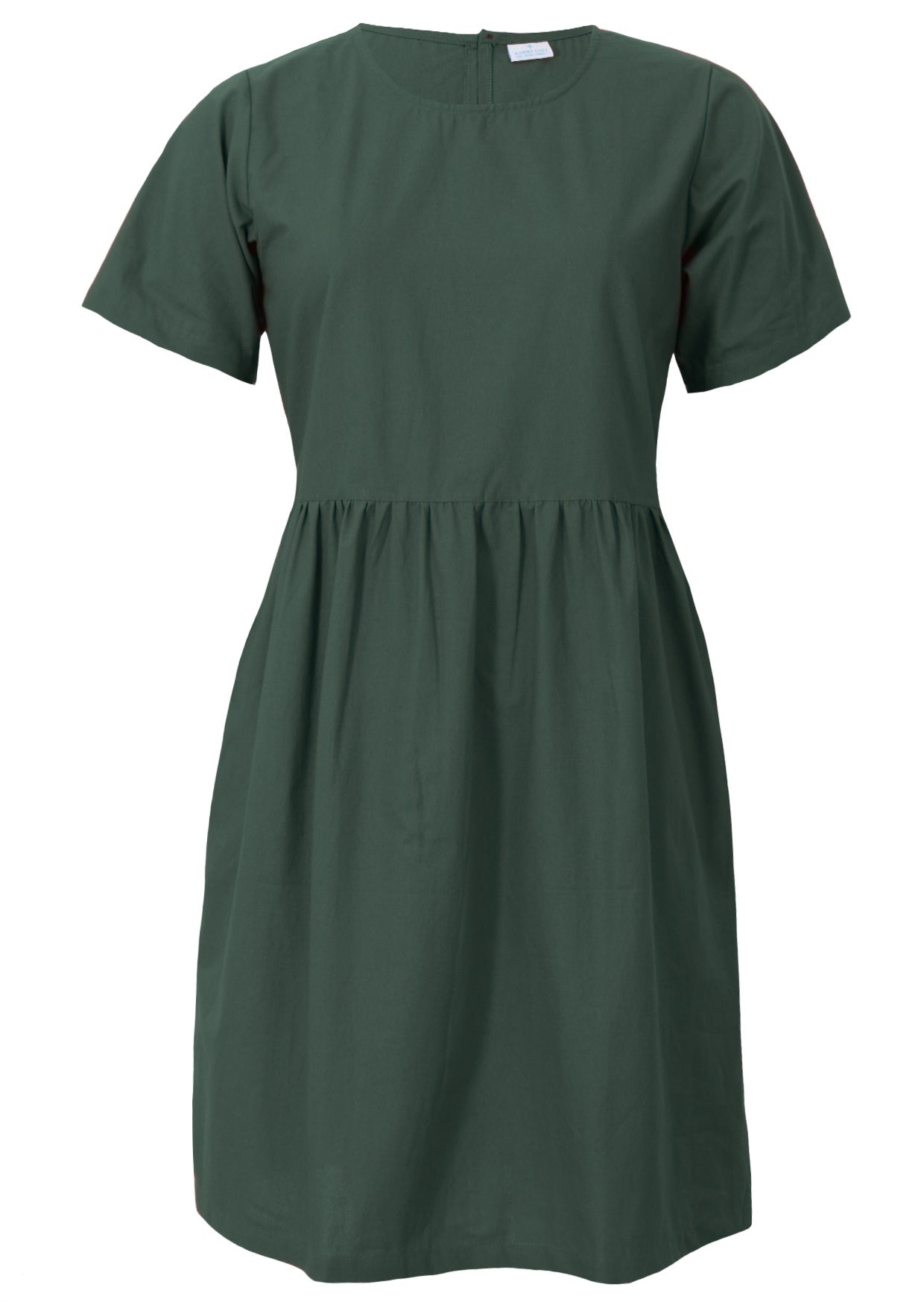 100% cotton loose fitting above knee length dress in jungle green with short sleeves, high round neckline and pockets
