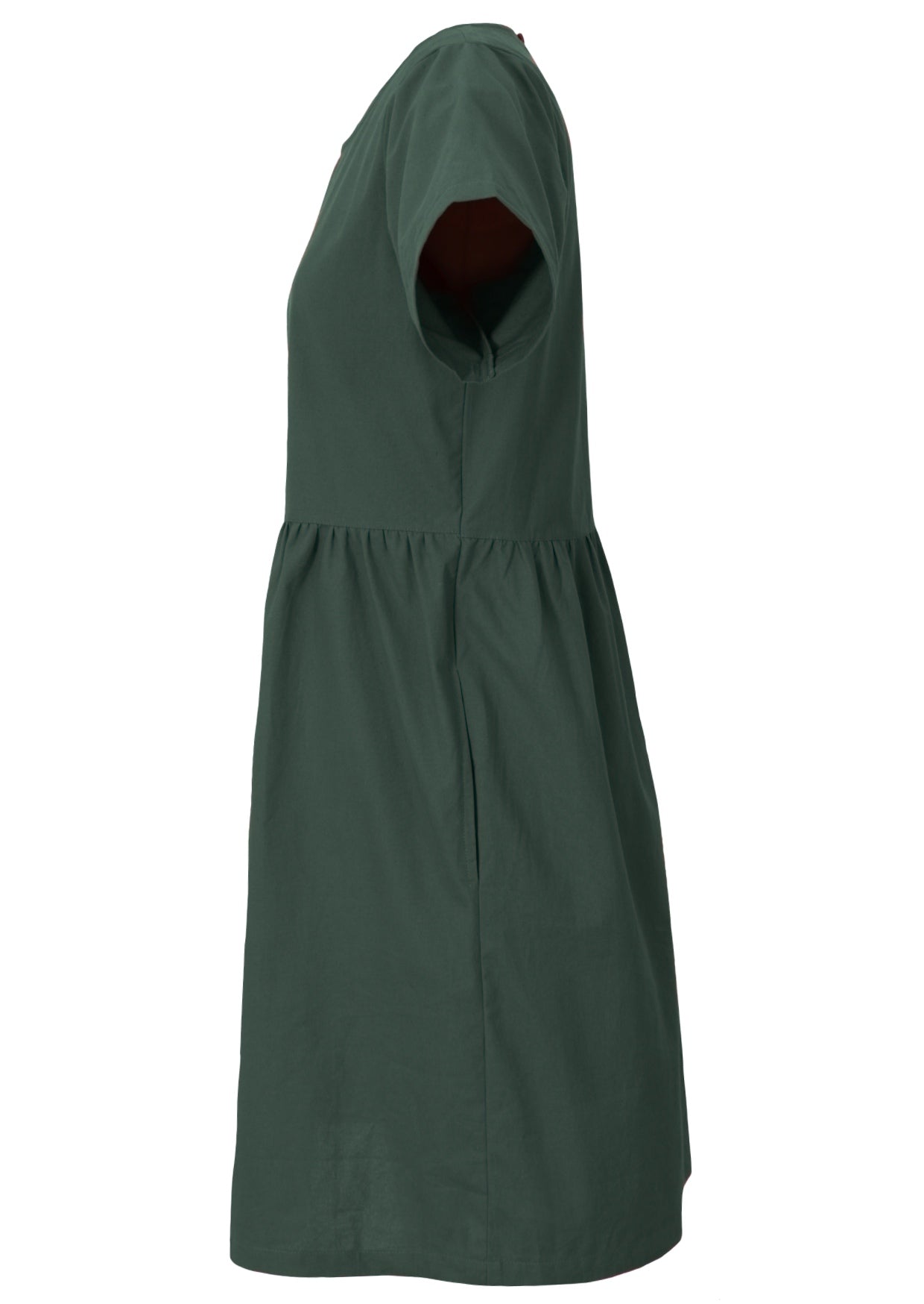 Side view of cotton above knee dress in plain jungle green with short sleeves, pockets and small pin tucks at the waist