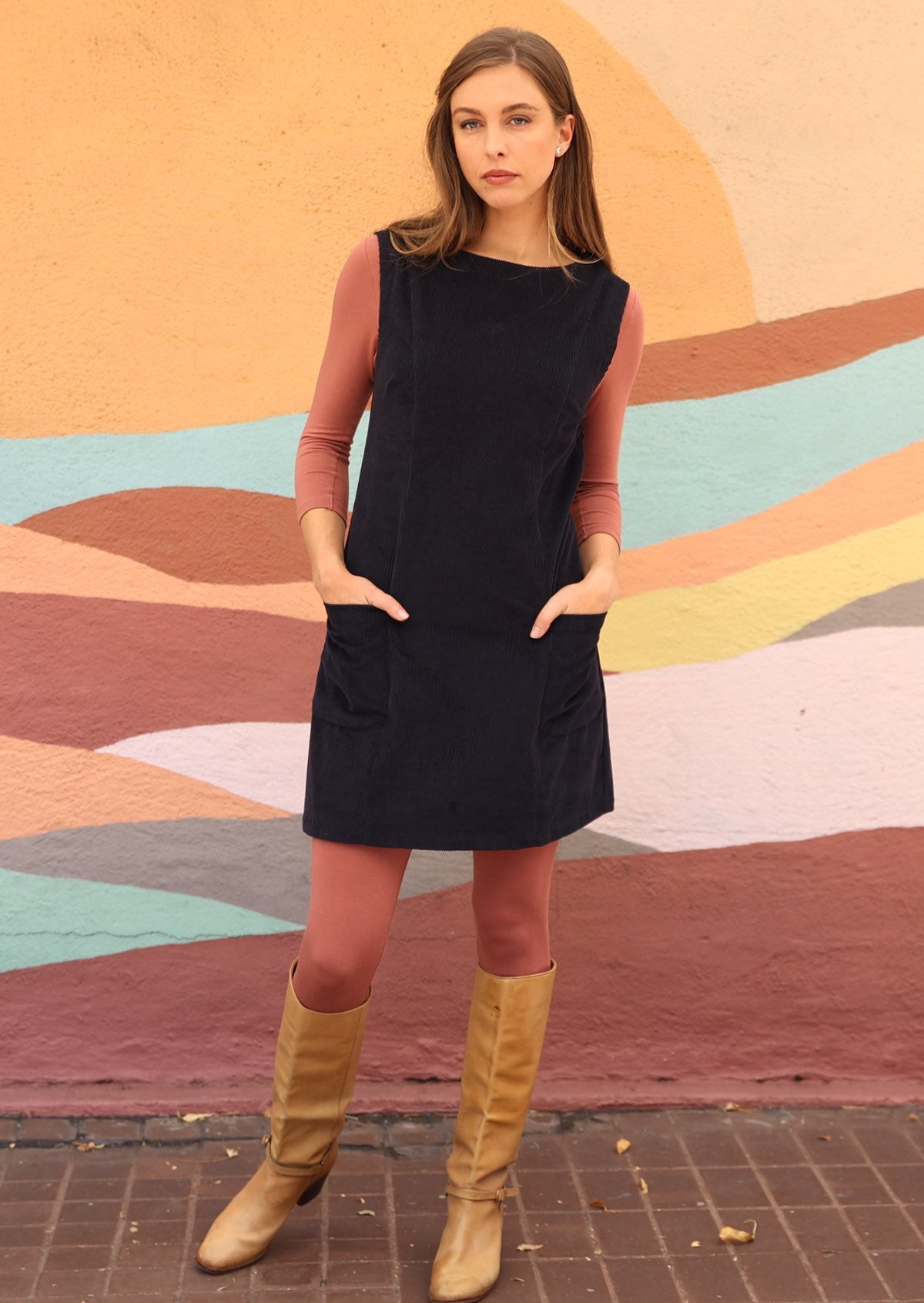 Corduroy sleeveless tunic in dark grey with pockets