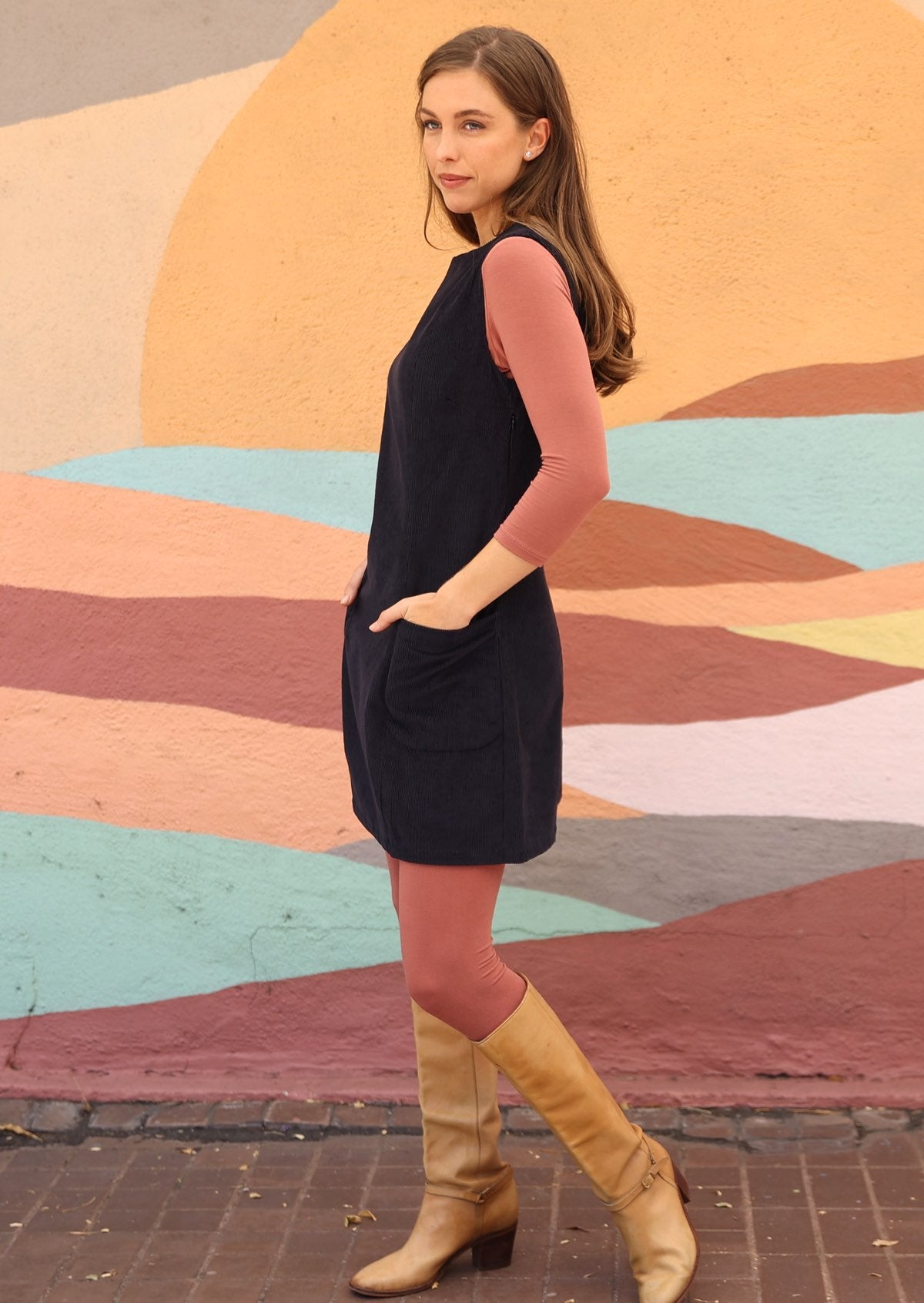 Above knee sleeveless corduroy tunic