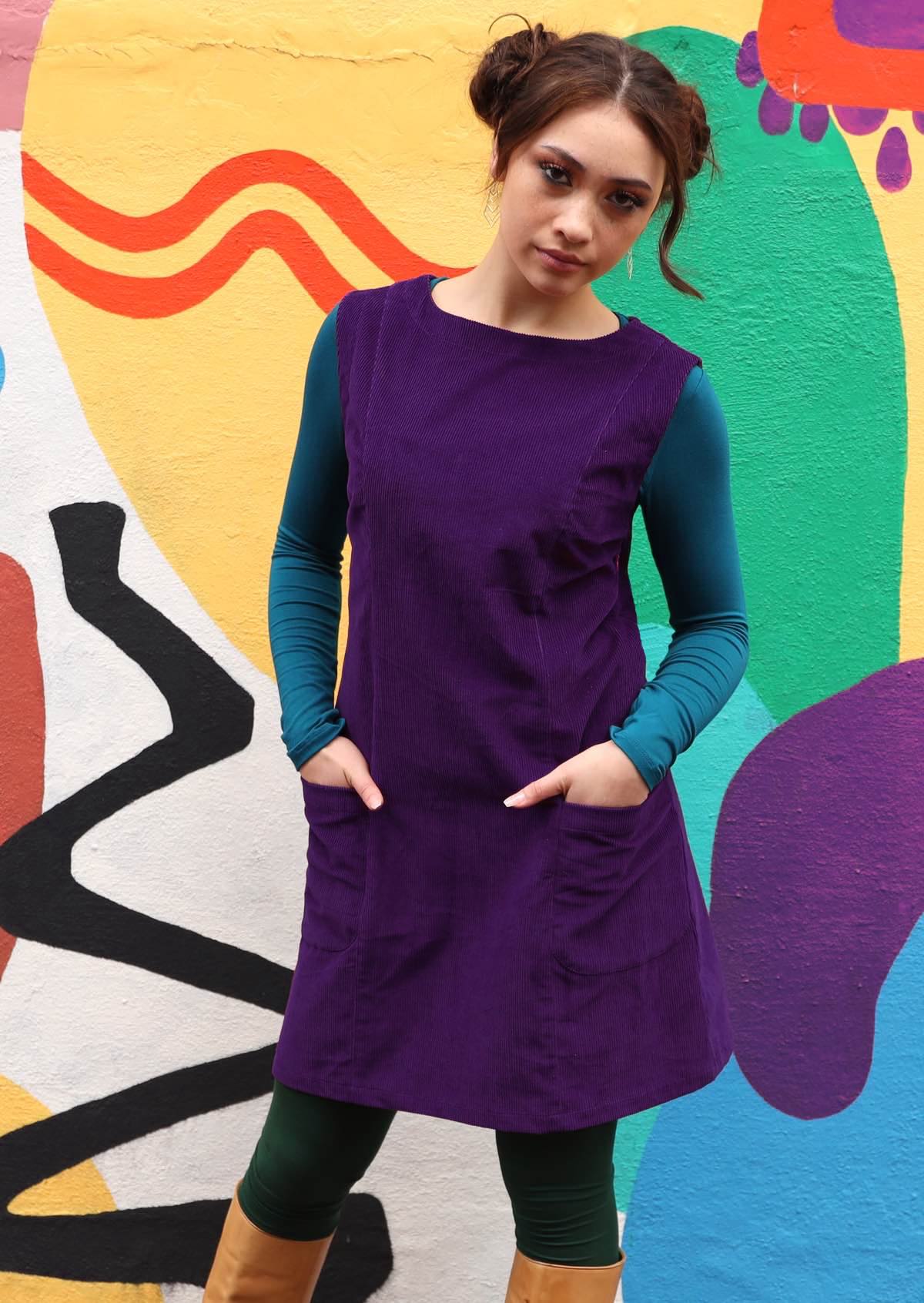 Sleeveless cotton corduroy tunic with pockets