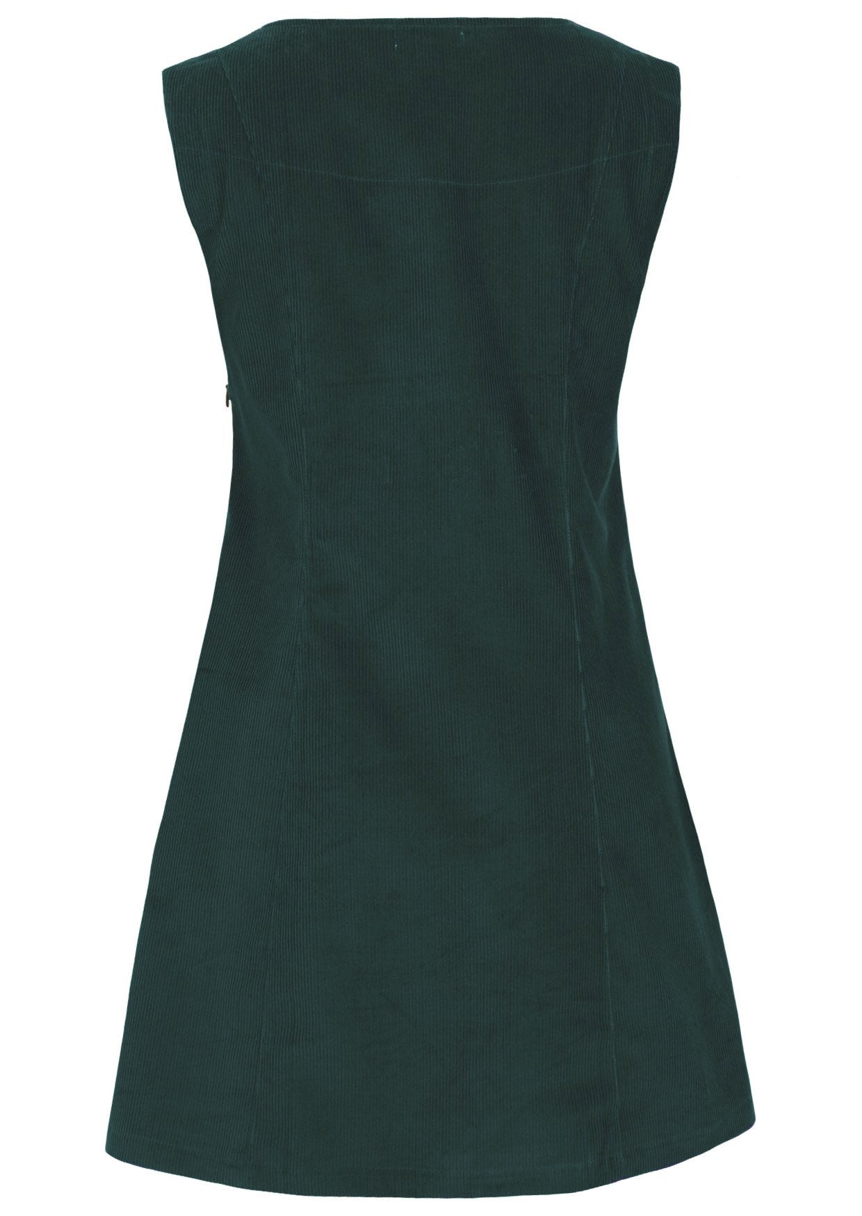 Back view of sleeveless cotton corduroy tunic in blue green, with side zip