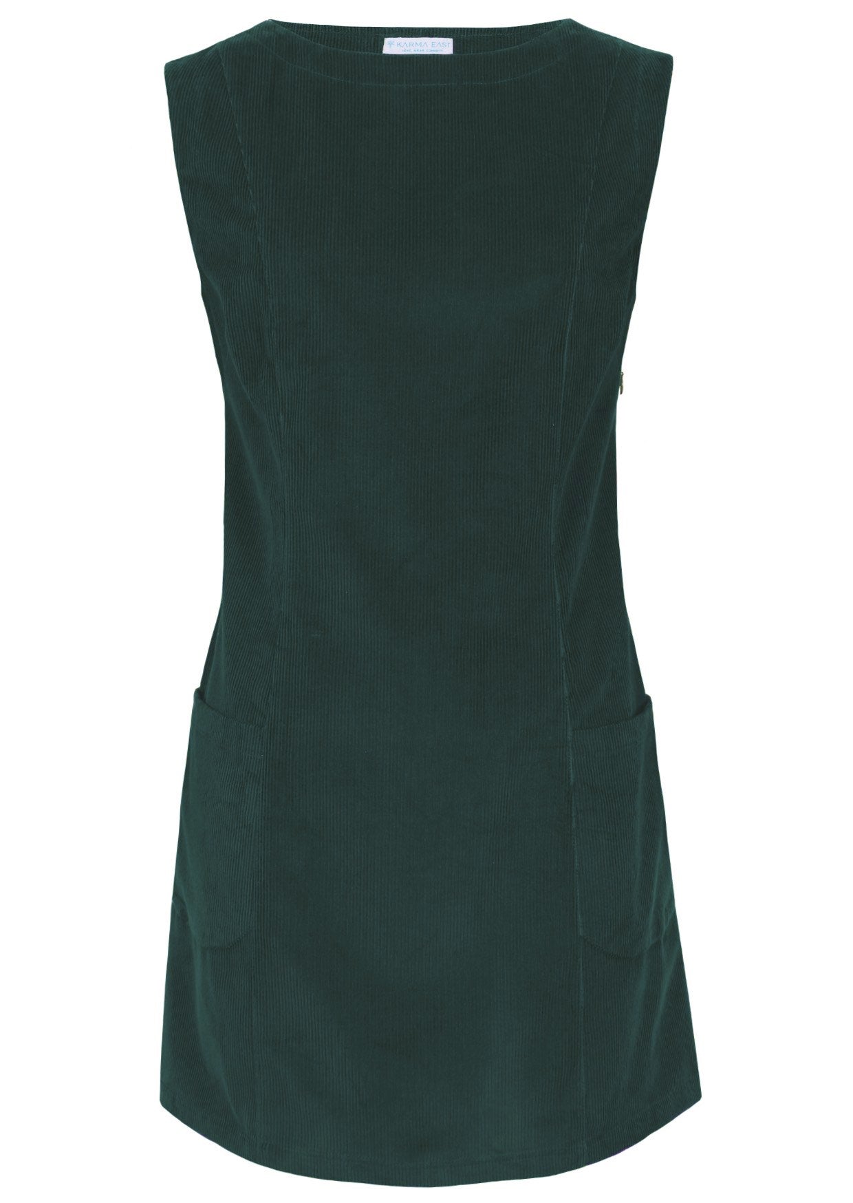 Front view of sleeveless cotton corduroy tunic in blue green, with pockets