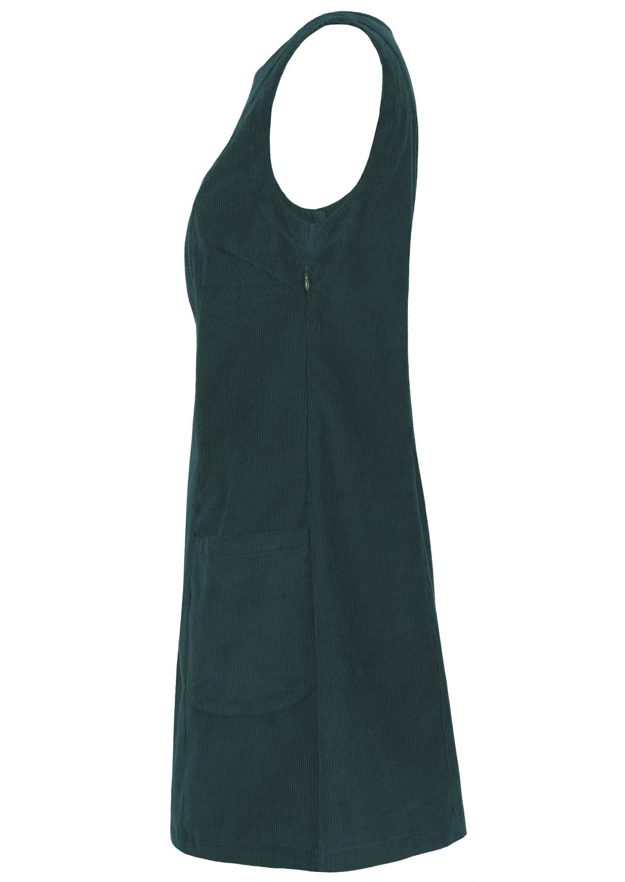 Side view of sleeveless cotton corduroy tunic in blue green, with pockets and side zip