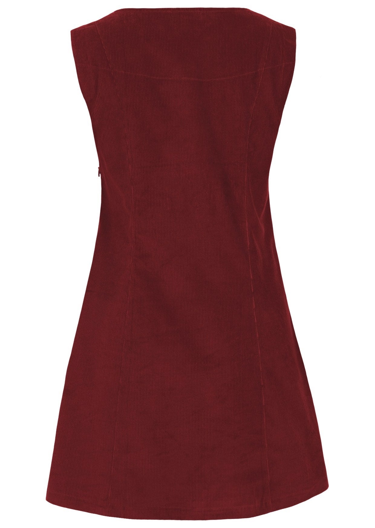 Back photo of cotton corduroy sleeveless tunic in Cabernet