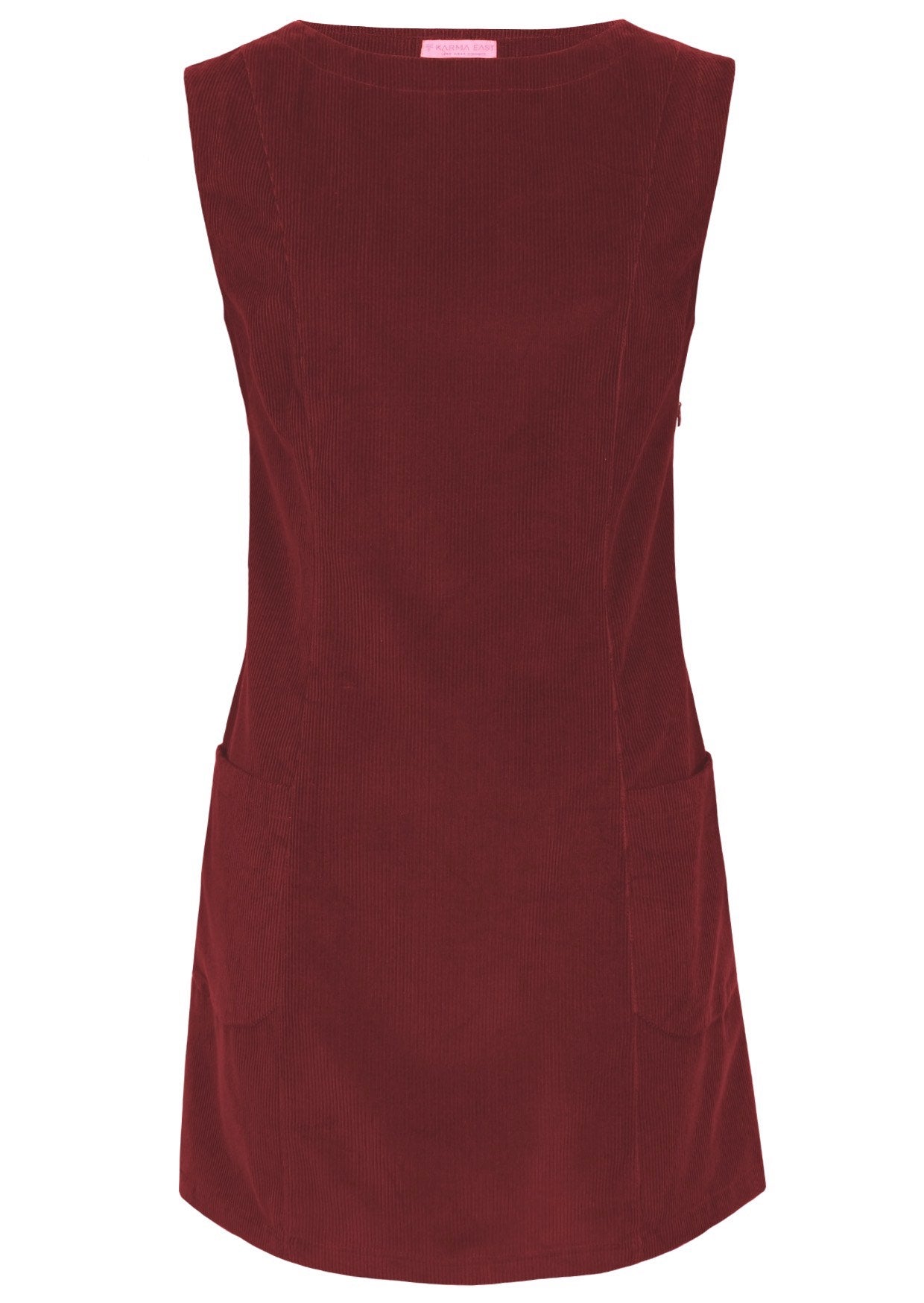 Front photo of cotton corduroy tunic in Cabernet with boat neck and front pockets