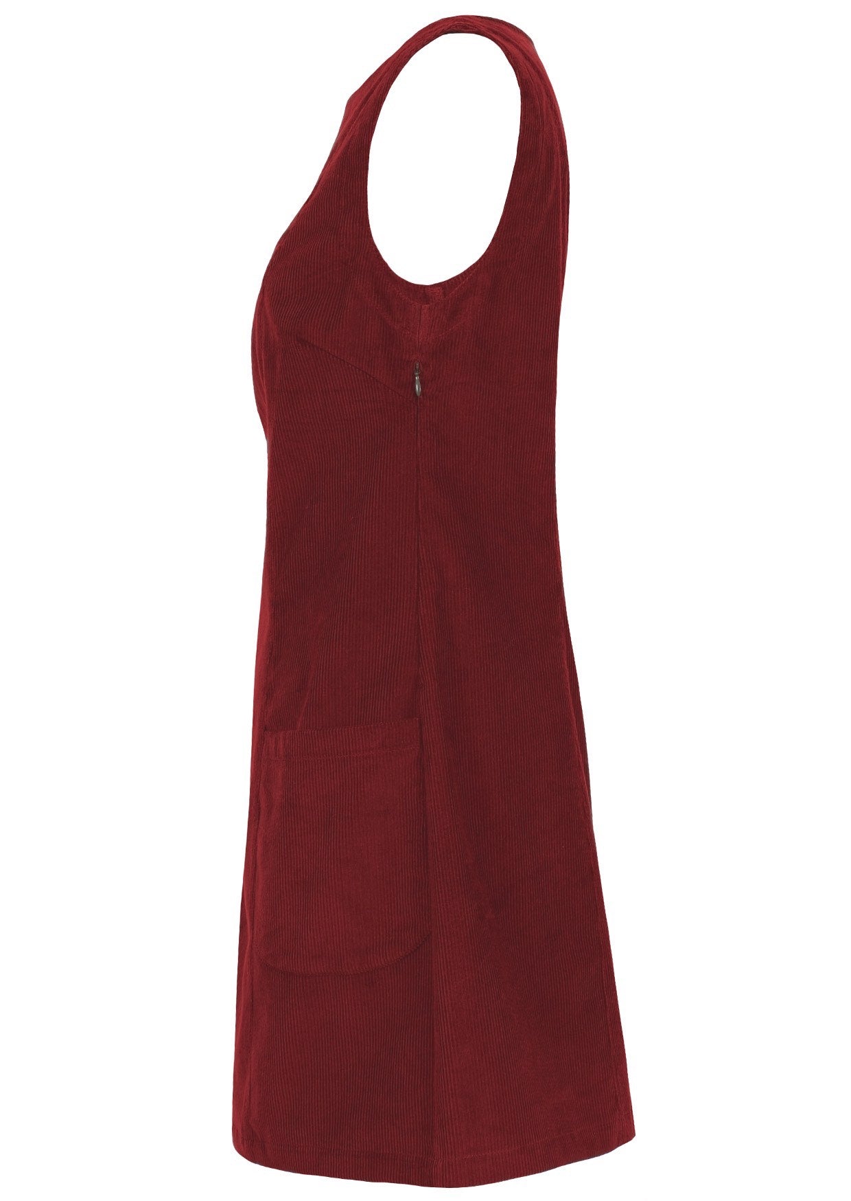 Side photo of cotton corduroy sleeveless tunic in Cabernet with side zip
