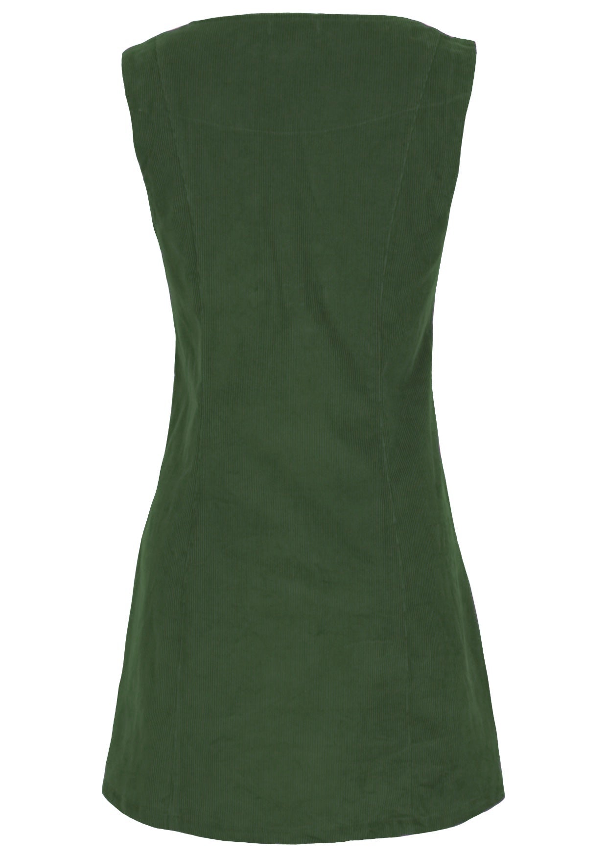 Back photo of cotton corduroy sleeveless tunic in Douglas Fir green