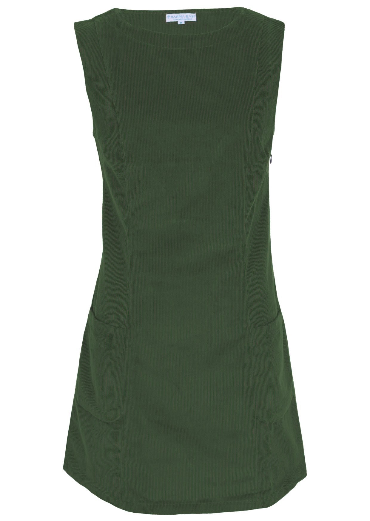 Front photo of cotton corduroy tunic in Douglas Fir green with boat neck and front pockets
