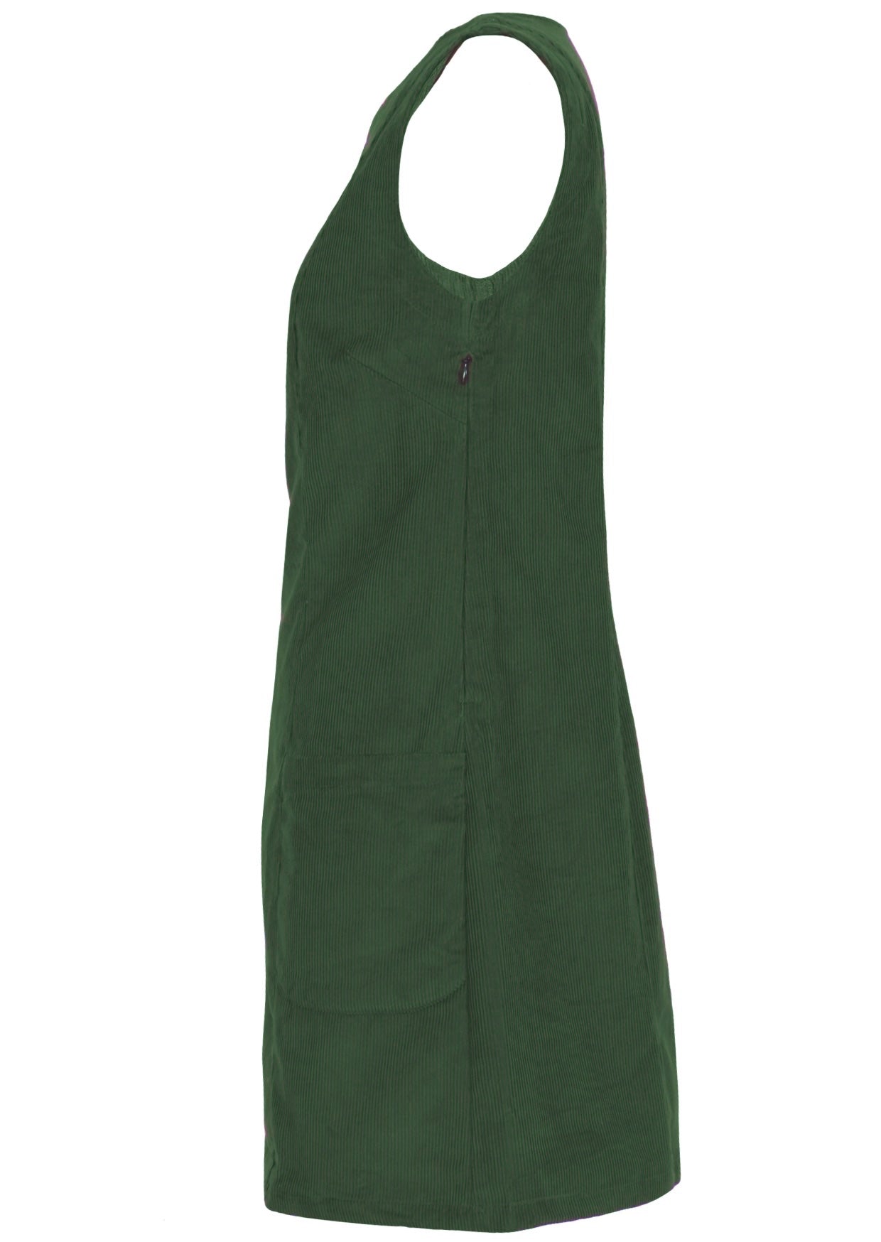 Side photo of cotton corduroy sleeveless tunic in Douglas Fir green with side zip