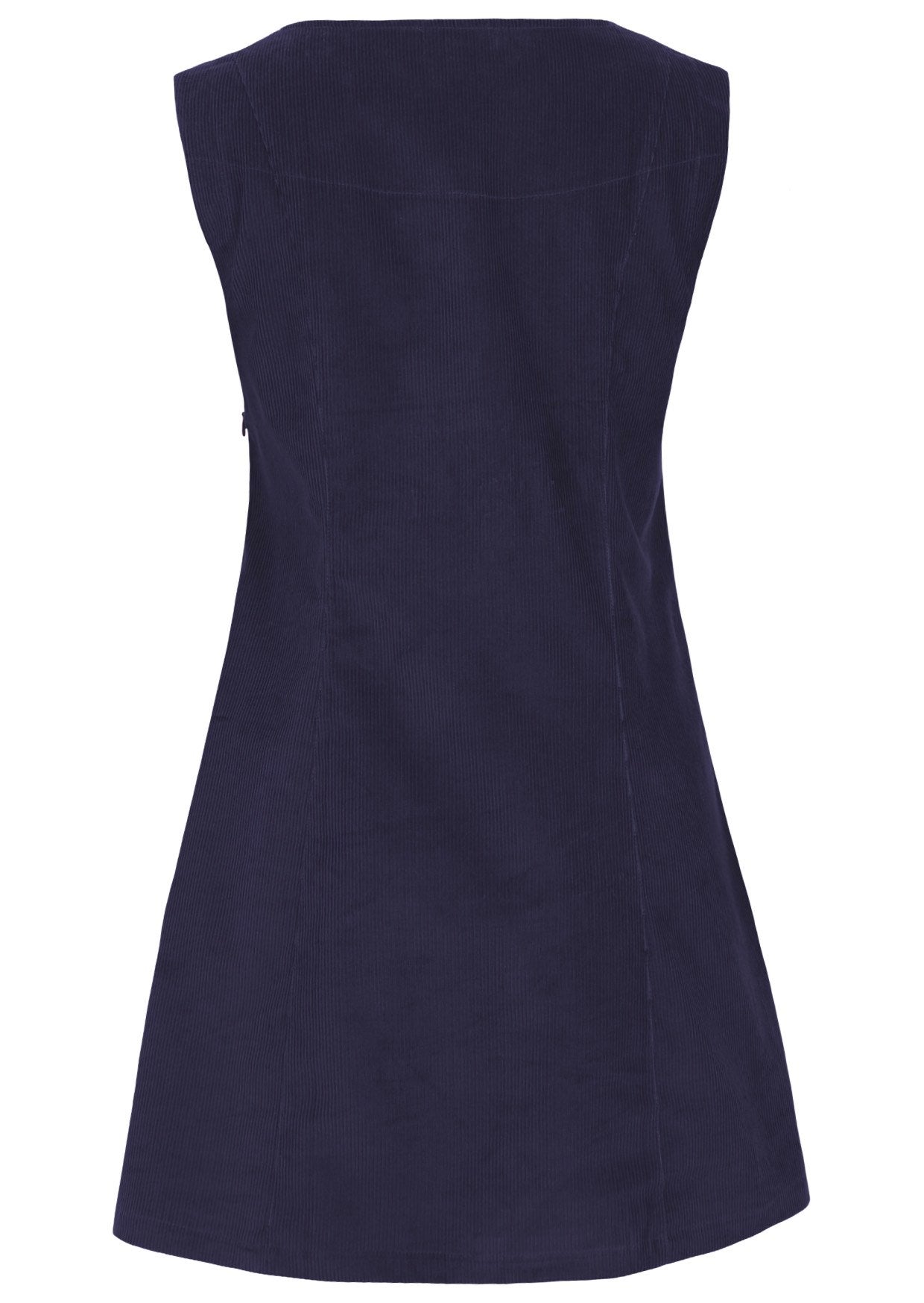 Back view of cotton corduroy sleeveless tunic in navy blue with side zip