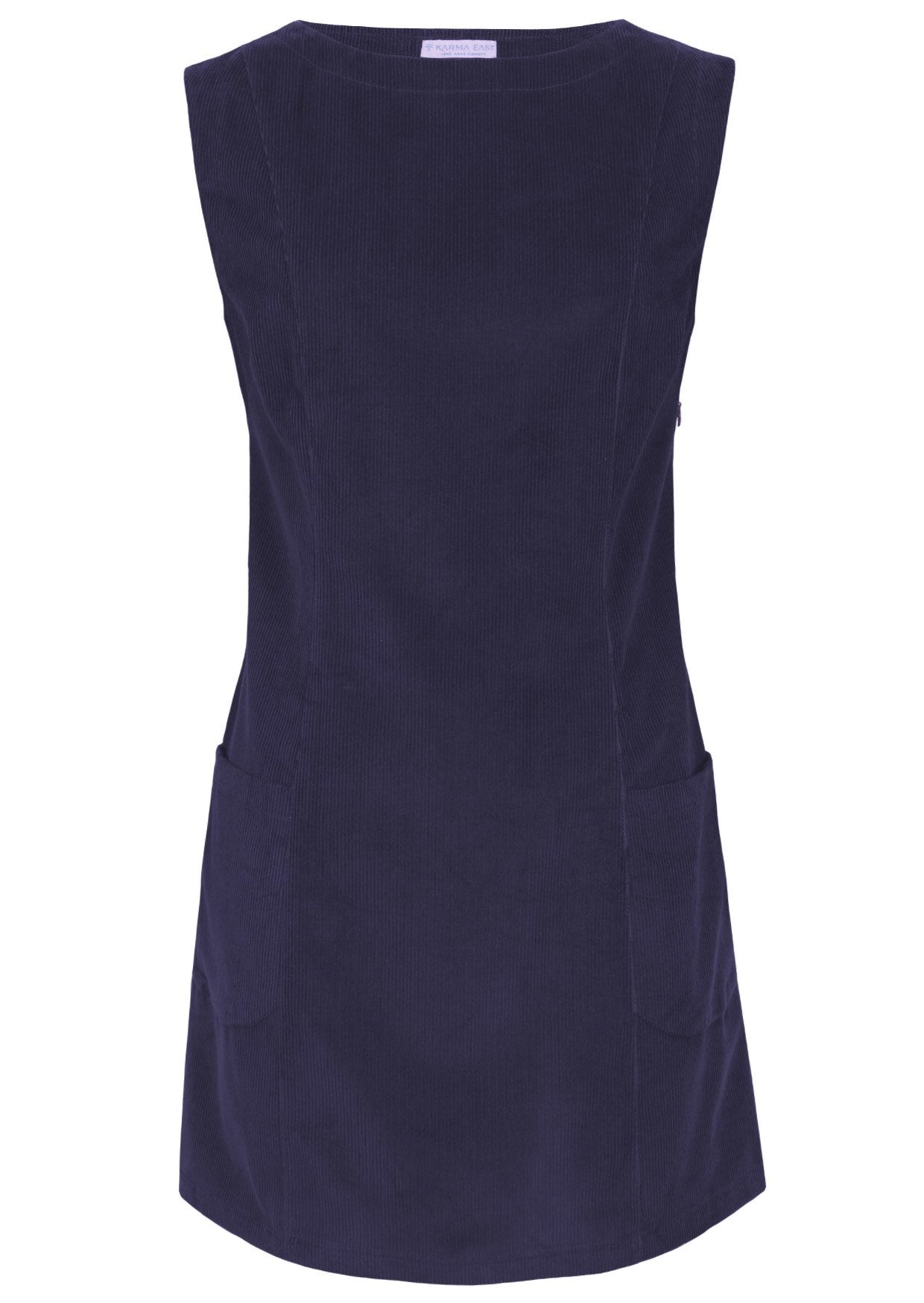 Cotton corduroy sleeveless tunic in navy blue with pockets