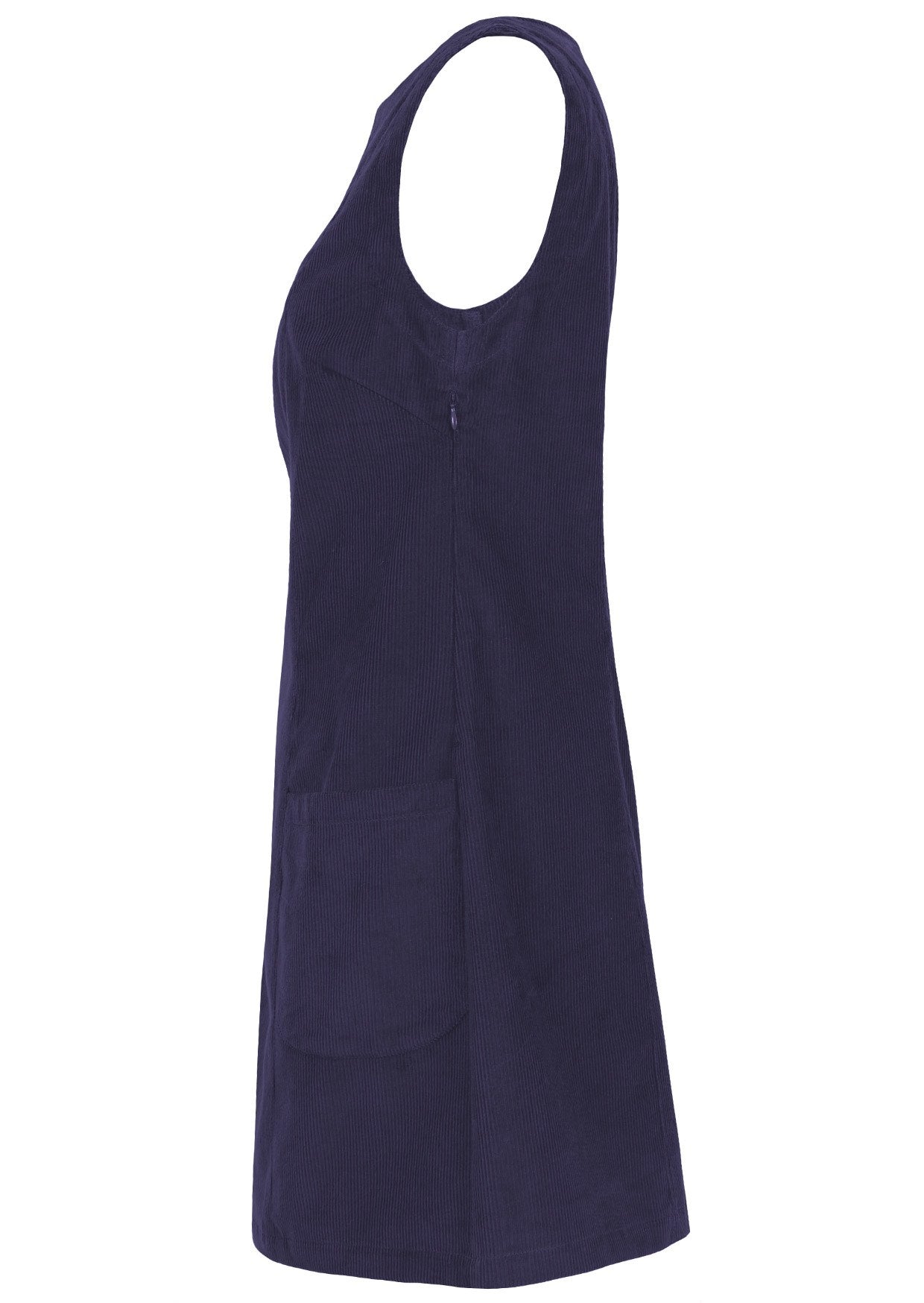 Side view of cotton corduroy sleeveless tunic in navy blue with pockets and side zip