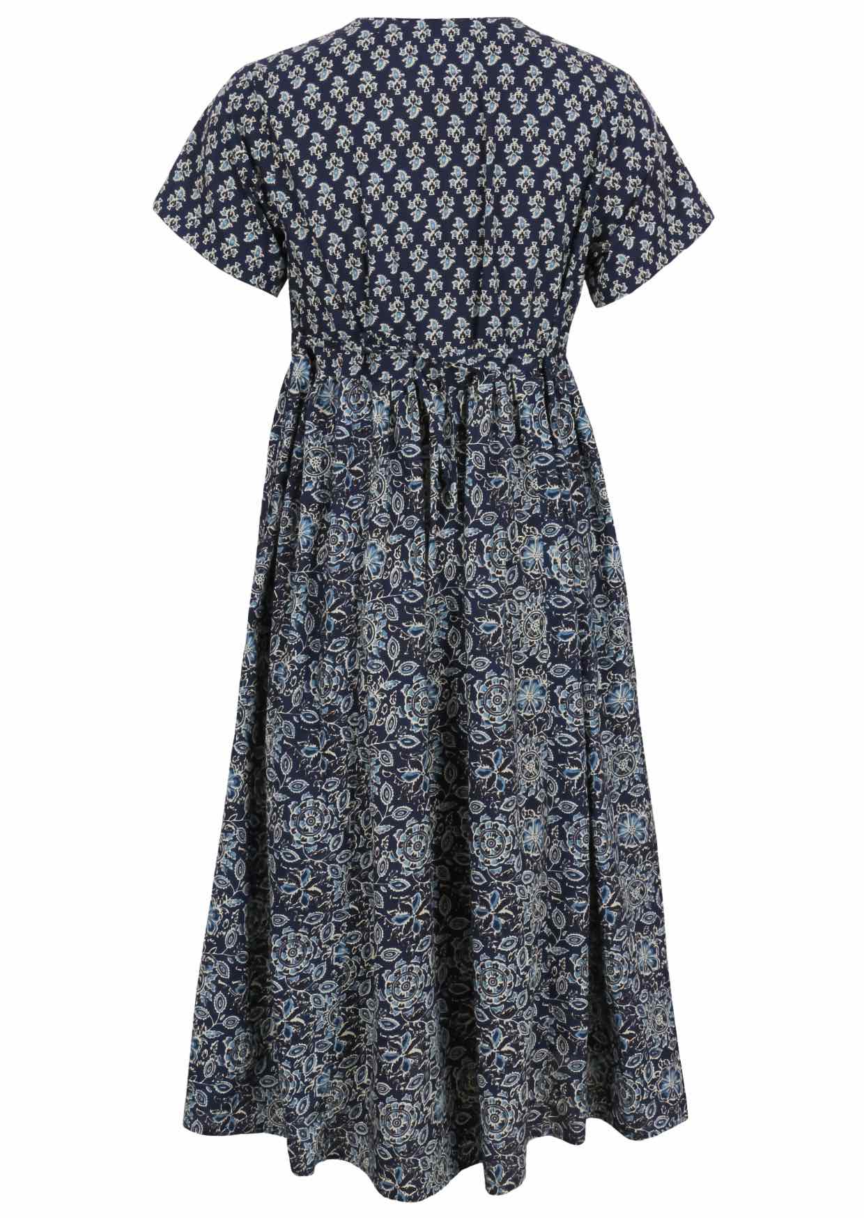 Back view of navy blue based floral print V-neck cotton dress with pockets.