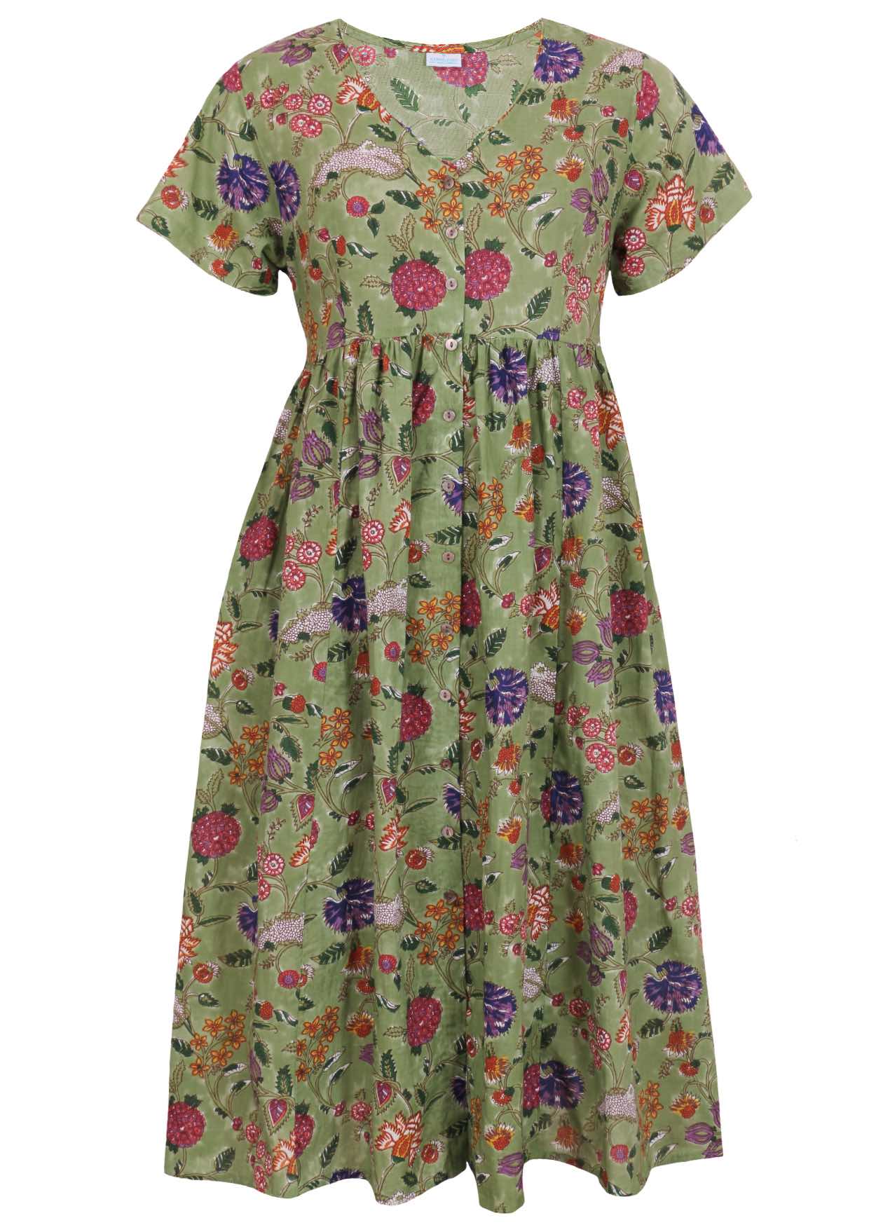 Green based multi-coloured folk style florals print V-neck cotton dress.