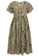 Green based multi-coloured folk style florals print V-neck cotton dress.