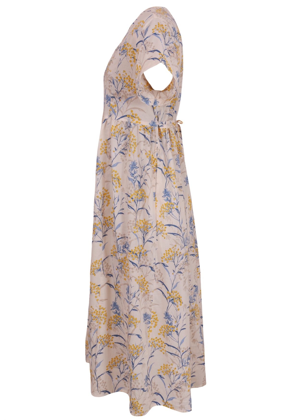 Neutral based blue and golden floral print V-neck cotton dress with pockets.