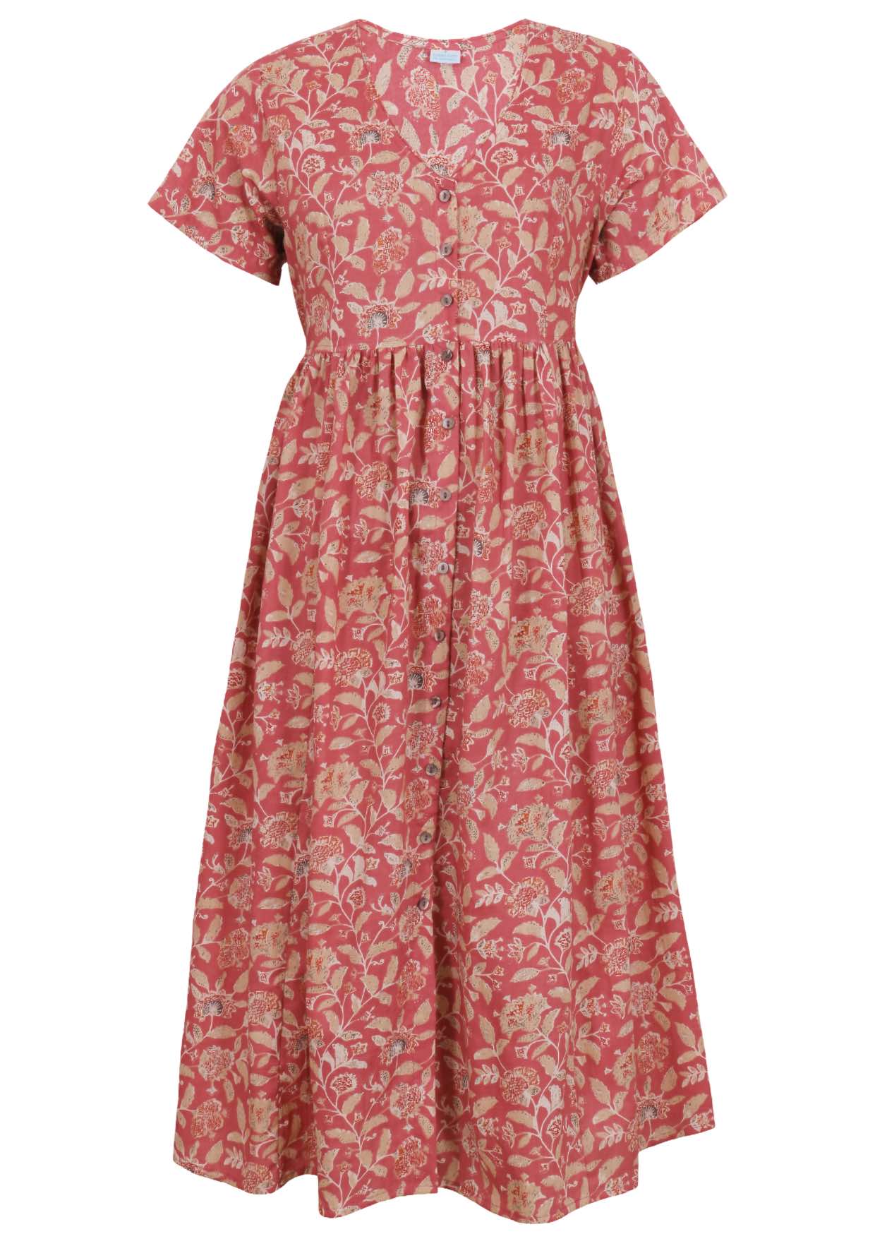Warm rose pink based vintage style floral print V-neck cotton dress.