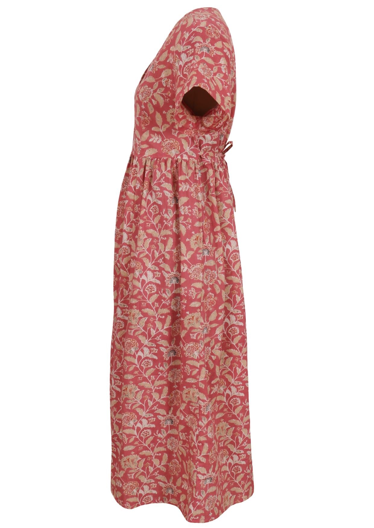 Warm rose pink based vintage style floral print V-neck cotton dress with pockets.
