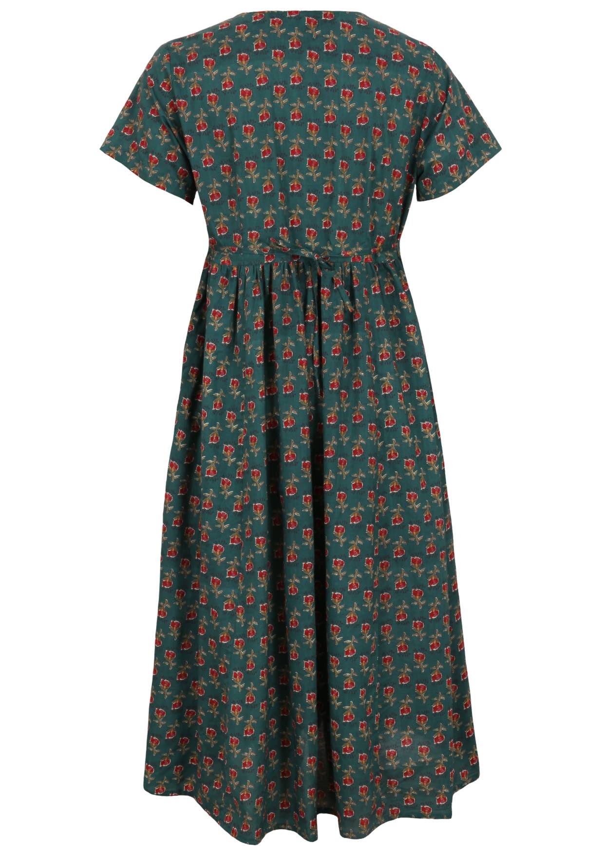 Back view of green based motif in red, pink, green, and mustard floral print V-neck cotton dress with pockets.