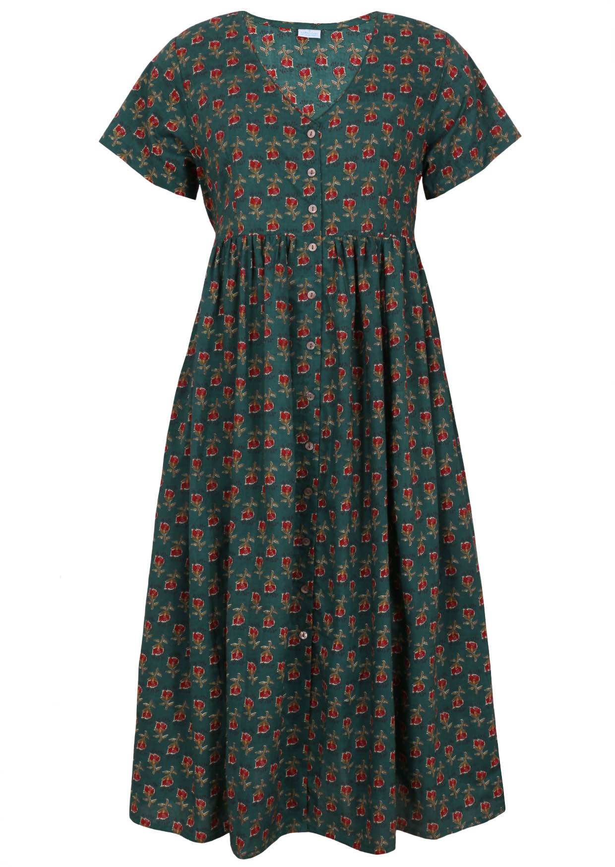 Green based motif in red, pink, green, and mustard floral print V-neck cotton dress.