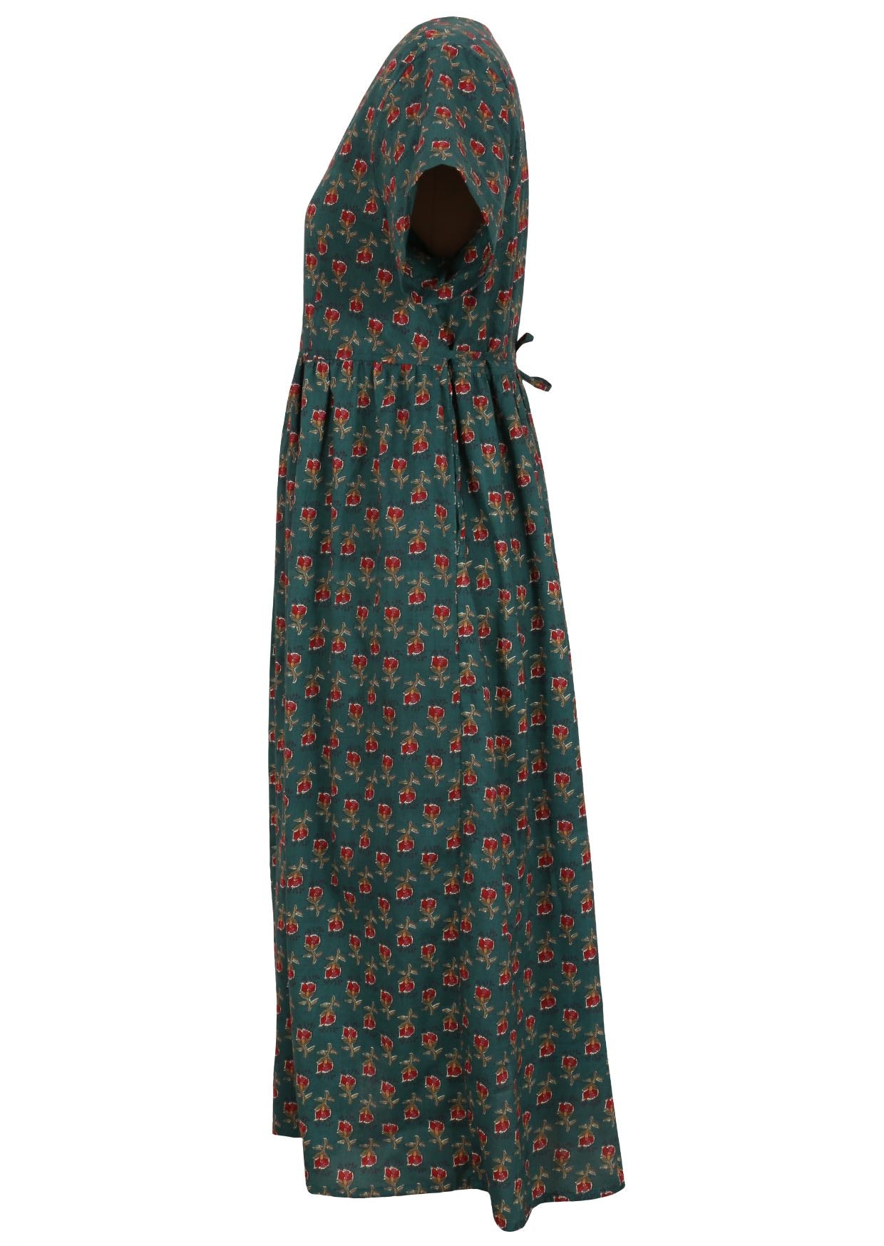 Green based motif in red, pink, green, and mustard floral print V-neck cotton dress with pockets.