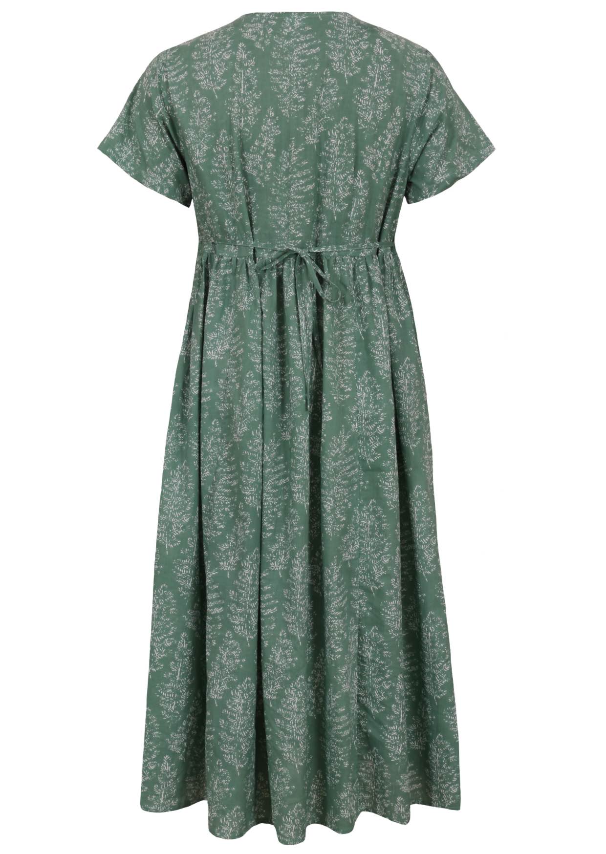 Back view of green based floral print V-neck cotton dress with pockets.