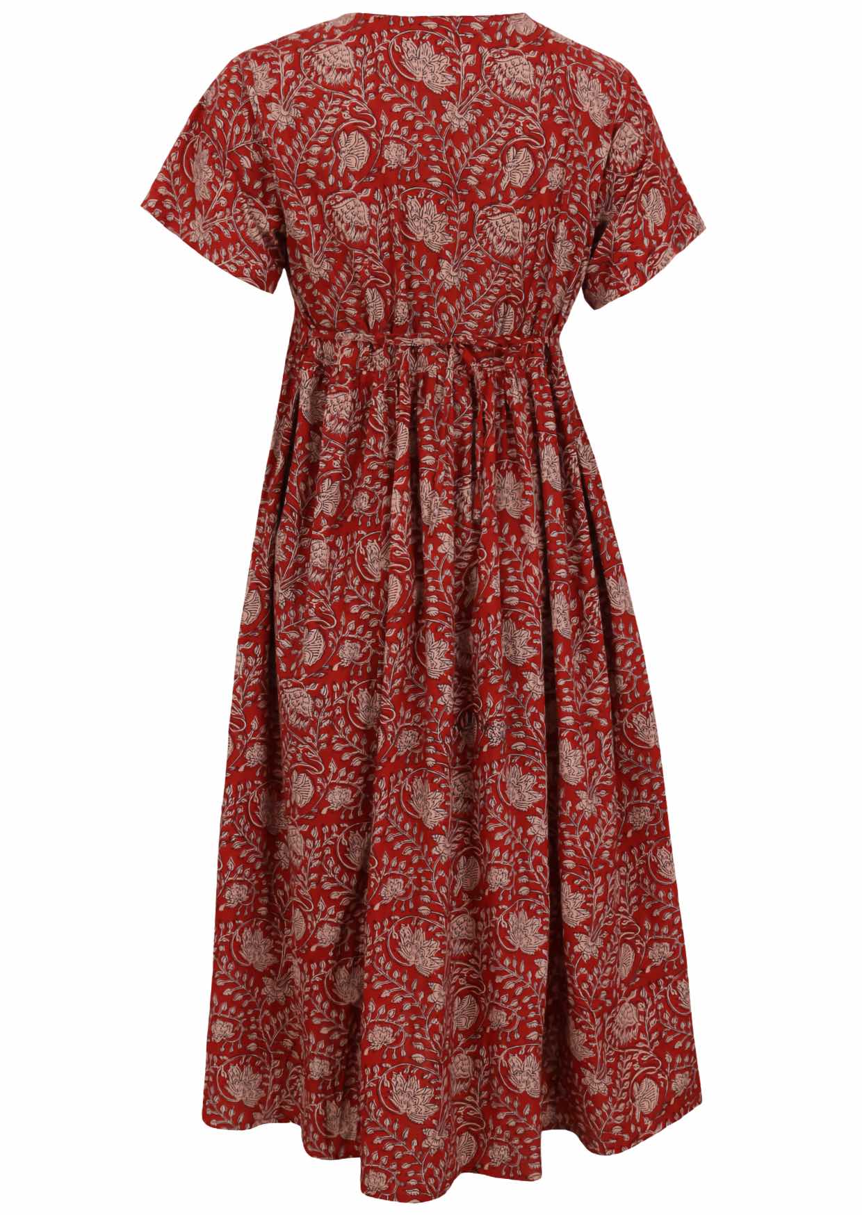 Back view of red based floral print V-neck cotton dress with pockets.