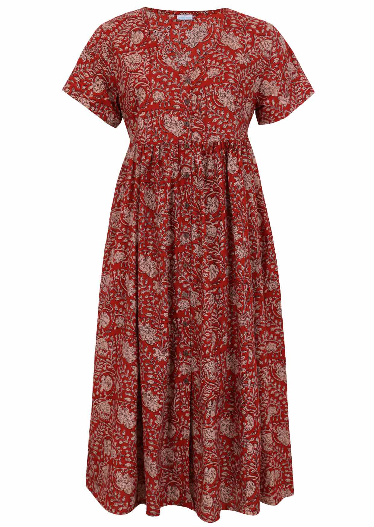 Red based floral print V-neck cotton dress.