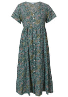 100% cotton floral print dress with V neckline, button front and short sleeves in sage green based grey and yellow floral print