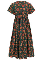 100 percent cotton dark jade green button through v-neck dress with pockets and string ties