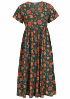 100 percent cotton dark jade green button through v-neck dress with pockets