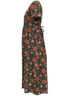 100 percent cotton dark jade green button through v-neck dress with pockets side view