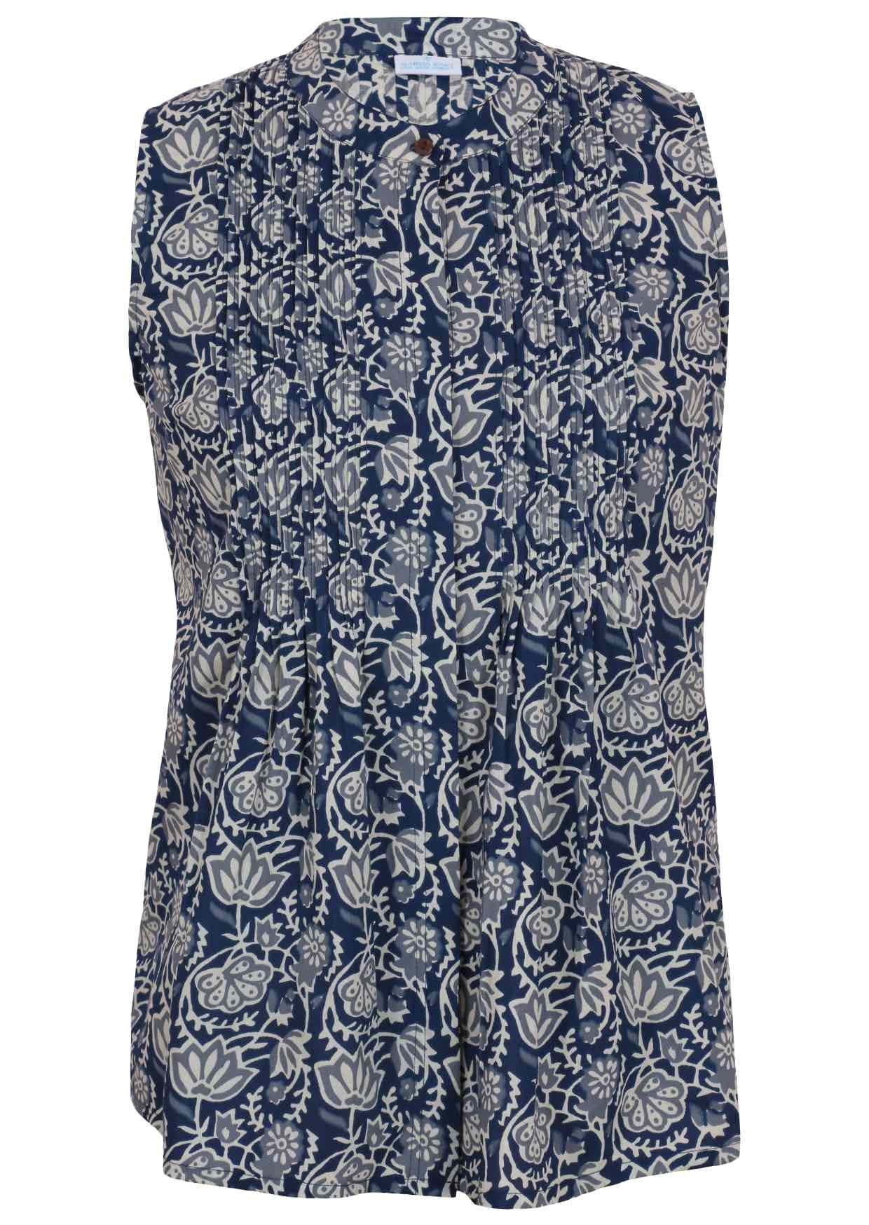 Front mannequin of a blue floral cotton sleeveless blouse with tiny front pleats that flare beneath the waist