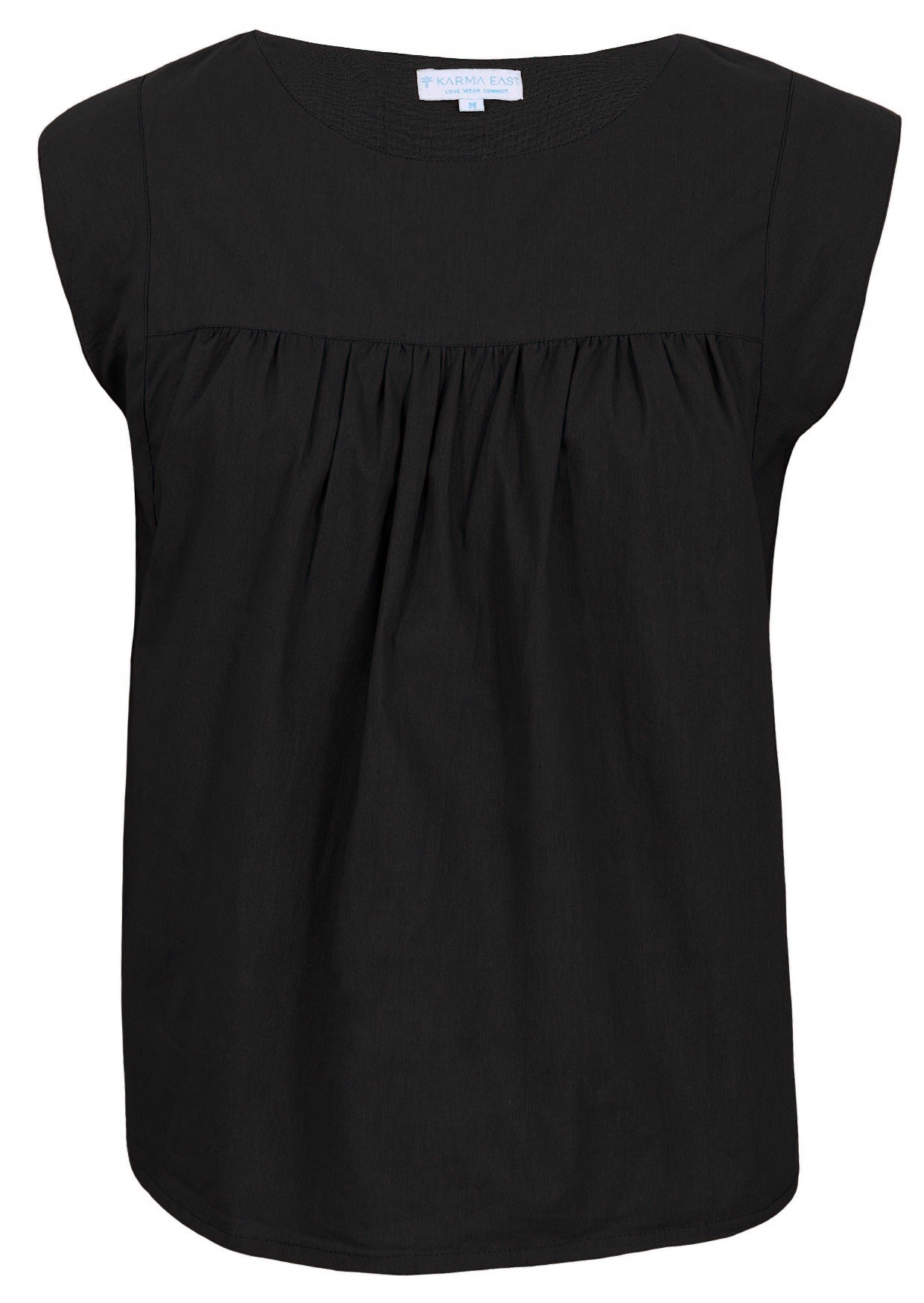 Front photo of cotton sleeveless top with gathers over bust, in classic black