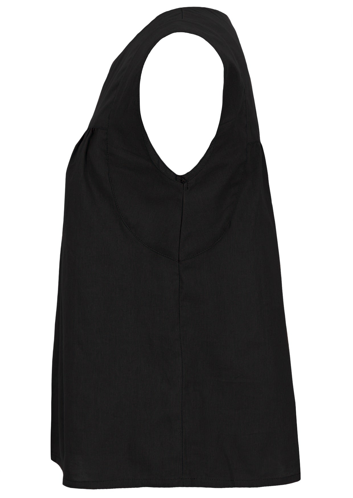 Side photo of cotton sleeveless top with gathers over bust, in classic black