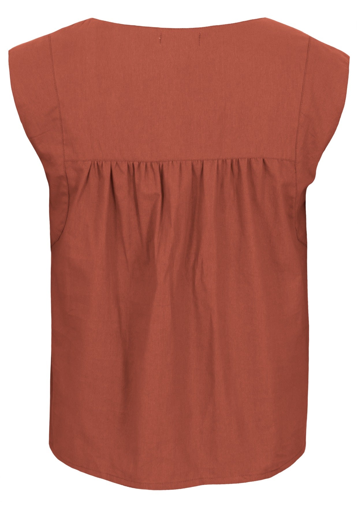 Back mannequin photo of cotton sleeveless top with gathers across shoulder blades, in rust shade