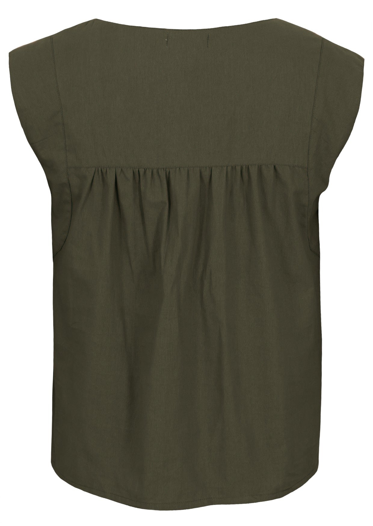 Back mannequin photo of cotton sleeveless top with gathers across shoulder blades, in olive green shade
