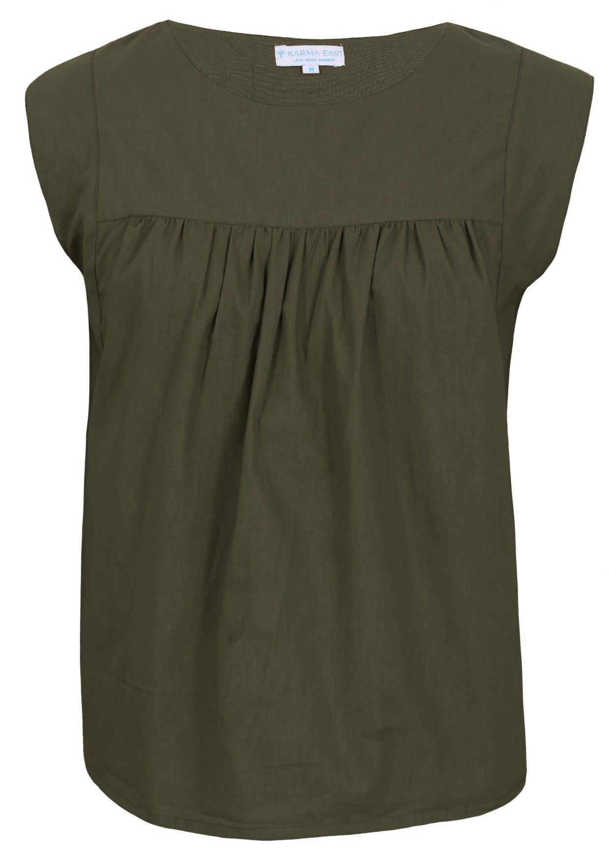 Front mannequin photo of cotton sleeveless top with gathers over bust, in olive green shade