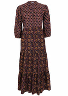 100% cotton maxi dress in dark purple based floral print with 3/4 sleeves and pockets.